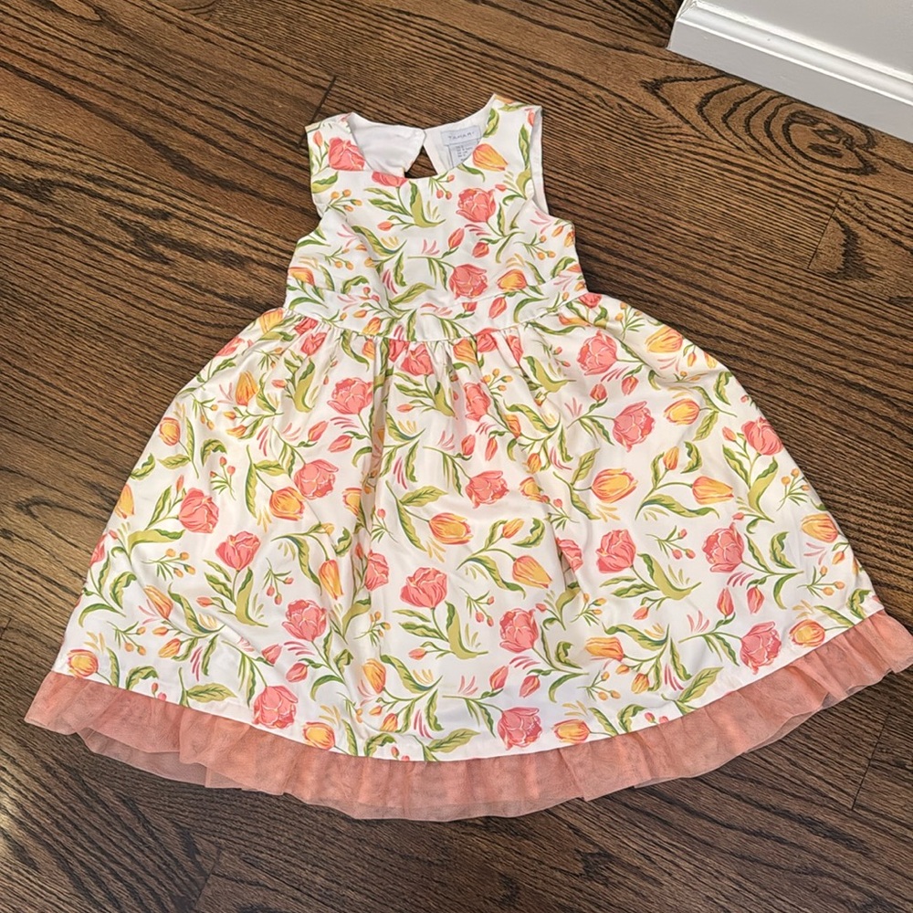 LIKE NEW Tahari floral dress size 5T, fully lined with gauzy ruffle hem